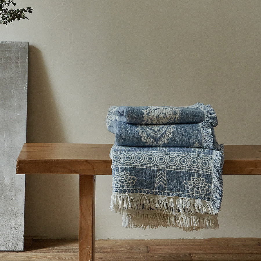 Retro Jacquard Tassel Cotton Linen Throw Blanket
